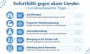 Soforthilfe bei innerer Unruhe: 5 Tipps wie Atemübungen, Muskelentspannung, Achtsamkeit, Bewegung & Sinnesreize helfen.
