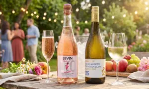 Sommerliche Gartenparty mit Sekt und Weißwein statt Rotwein. Erfrischende Getränke und Obst auf dem Tisch.