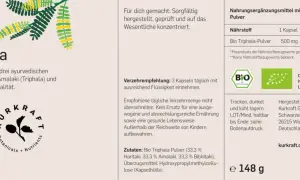 Bio Triphala Kapseln: Reines Pulver aus drei Früchten. Die Triphala Wirkung auf die Haut wird in der ayurvedischen Lehre geschätzt. 240 Kapseln, vegan.