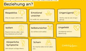 Wie fühlt sich eine toxische Beziehung an? Beispiele: Respektlos, emotional unsicher, ungenügend, isoliert, selbstunsicher, ungeliebt, körperliche Symptome, Scham.