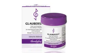 Glaubersalz Pulver von Bombastus, ideal nach dem Essen zur Linderung. Die Packung und Dose sind lila-weiß.