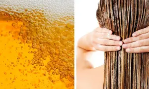 Schaumiges Bier und nasse Haare. Ein Hausmittel gegen Haarausfall: Haare mit Bier waschen.