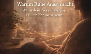 Eine Person blickt nachdenklich aus dem Fenster. Goldene Lichtfäden ziehen sich durch die Szene, die **Angst vor Stille** thematisieren, wenn das Nervensystem Ruhe nicht mehr kennt.