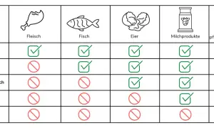 Tabelle zeigt, was eine omnivore Ernährung bedeutet: Fleisch, Fisch, Eier, Milchprodukte und pflanzliche Lebensmittel sind erlaubt.