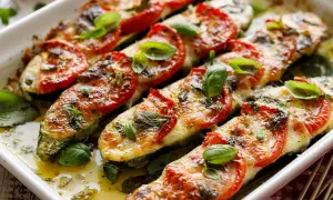 Gebackene Zucchini mit Tomaten und Käse, ein leckeres Gericht für Rezepte, um 10 kg abnehmen in Wechseljahren.