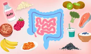 Bilder von Kefir, Haferflocken, Beeren, Bananen, Kimchi, Kiwi, Brokkoli, Lachs, Joghurt und Chiasamen, die verdauungsfördernde Lebensmittel darstellen.