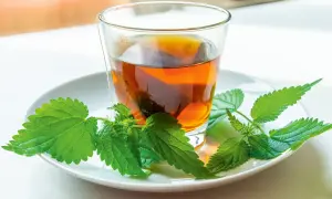 Ein Glas Brennnesseltee mit frischen Brennnesselblättern auf einem Teller. Die Brennnessel verwendung als Tee ist bekannt für ihre gesundheitlichen Vorteile.
