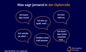 Sprechblasen mit Aussagen wie "Ich kann das nicht!" oder "Ich bin halt so." illustrieren die Opferrolle, die oft mit Depressionen einhergeht.