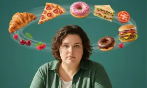 Frau mit ernstem Blick, umgeben von einem Wirbel aus verlockenden Leckereien wie Pizza, Donuts und Burgern. Der **food noise** ist laut.