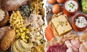 Links: Brot, Nudeln, Haferflocken. Rechts: Eier, Käse, Fisch, Fleisch, Joghurt. So funktioniert Trennkost: Kohlenhydrate und Proteine getrennt essen.