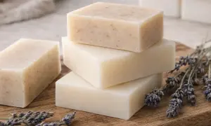 Selbstgemachte Seife aus Kernseife, duftend mit Lavendel. Ein Stück mit Körnern, daneben drei glatte Seifenstücke.