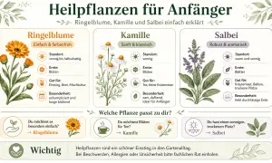 Die 10 wichtigsten Heilpflanzen: Ringelblume, Kamille und Salbei für Anfänger erklärt. Illustrationen zeigen die Pflanzen und ihre Eigenschaften.