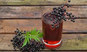 Ein Glas dunkler Holundersaft steht neben frischen Holunderbeeren. Die positive holunder wirkung psyche wird oft durch solche natürlichen Mittel unterstützt.