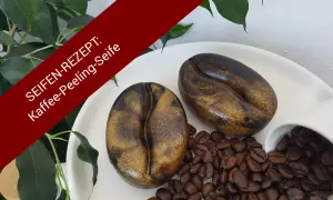 Zwei Kaffeebohnen-Seifen, ideal zum **peeling seife selber machen**. Mit Kaffeebohnen und Grünpflanzen dekoriert.