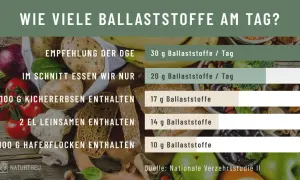 Warum sind Ballaststoffe wichtig? Die DGE empfiehlt 30g täglich, wir essen aber nur 20g. Kichererbsen, Leinsamen & Haferflocken liefern wertvolle Ballaststoffe.