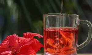 Ein Glas Hibiskustee, der helfen kann, welcher Tee senkt Cholesterin und Blutdruck, neben roten Hibiskusblüten.