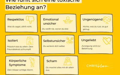 Wie fühlt sich eine toxische Beziehung an? Beispiele: Respektlos, emotional unsicher, ungenügend, isoliert, selbstunsicher, ungeliebt, körperliche Symptome, Scham.