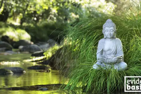 Buddha-Statue im Gras am Flussufer, eine Szene, die Achtsamkeit und eine friedliche Geschichte ausstrahlt.