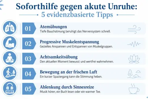 Soforthilfe bei innerer Unruhe: 5 Tipps wie Atemübungen, Muskelentspannung, Achtsamkeit, Bewegung & Sinnesreize helfen.
