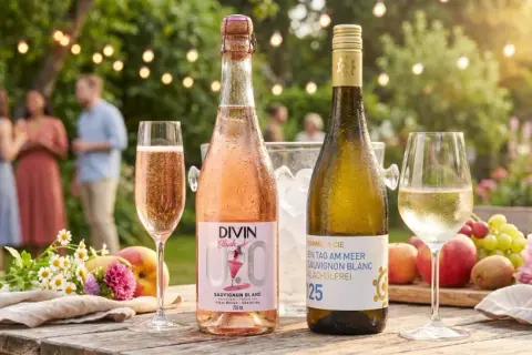 Sommerliche Gartenparty mit Sekt und Weißwein statt Rotwein. Erfrischende Getränke und Obst auf dem Tisch.