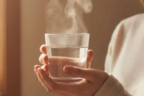 Hände halten ein Glas mit dampfendem, abgekochtem Wasser. Ein Schluck davon kann gesund sein.