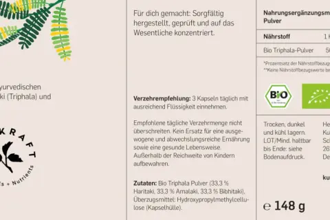 Bio Triphala Kapseln: Reines Pulver aus drei Früchten. Die Triphala Wirkung auf die Haut wird in der ayurvedischen Lehre geschätzt. 240 Kapseln, vegan.