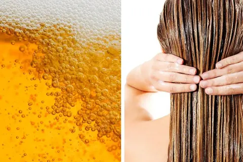 Schaumiges Bier und nasse Haare. Ein Hausmittel gegen Haarausfall: Haare mit Bier waschen.