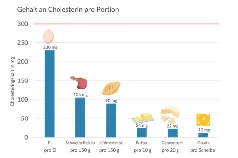Balkendiagramm zeigt Cholesteringehalt verschiedener Lebensmittel. Butter pro 10g enthält 24mg Cholesterin.