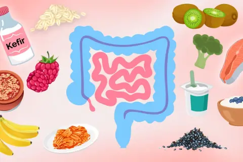 Bilder von Kefir, Haferflocken, Beeren, Bananen, Kimchi, Kiwi, Brokkoli, Lachs, Joghurt und Chiasamen, die verdauungsfördernde Lebensmittel darstellen.