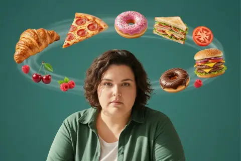 Frau mit ernstem Blick, umgeben von einem Wirbel aus verlockenden Leckereien wie Pizza, Donuts und Burgern. Der **food noise** ist laut.