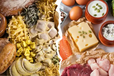 Links: Brot, Nudeln, Haferflocken. Rechts: Eier, Käse, Fisch, Fleisch, Joghurt. So funktioniert Trennkost: Kohlenhydrate und Proteine getrennt essen.