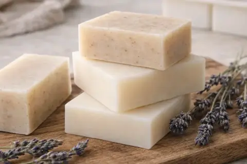 Selbstgemachte Seife aus Kernseife, duftend mit Lavendel. Ein Stück mit Körnern, daneben drei glatte Seifenstücke.
