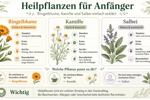 Die 10 wichtigsten Heilpflanzen: Ringelblume, Kamille und Salbei für Anfänger erklärt. Illustrationen zeigen die Pflanzen und ihre Eigenschaften.