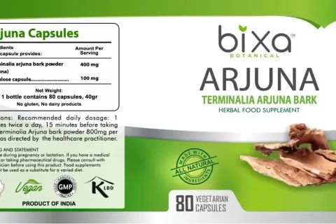 Arjuna Kapseln mit Terminalia Arjuna Rinde, bekannt für ihre positive Arjuna Wirkung auf das Herz. 80 vegetarische Kapseln.