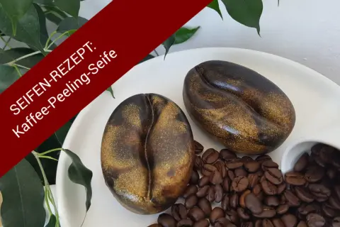 Zwei Kaffeebohnen-Seifen, ideal zum **peeling seife selber machen**. Mit Kaffeebohnen und Grünpflanzen dekoriert.