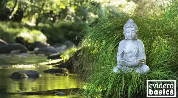 Buddha-Statue im Gras am Flussufer, eine Szene, die Achtsamkeit und eine friedliche Geschichte ausstrahlt.