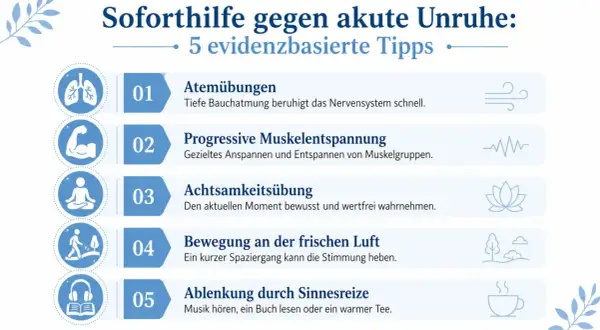 Soforthilfe bei innerer Unruhe: 5 Tipps wie Atemübungen, Muskelentspannung, Achtsamkeit, Bewegung & Sinnesreize helfen.