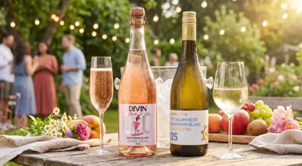 Sommerliche Gartenparty mit Sekt und Weißwein statt Rotwein. Erfrischende Getränke und Obst auf dem Tisch.