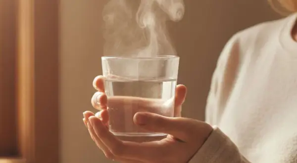 Hände halten ein Glas mit dampfendem, abgekochtem Wasser. Ein Schluck davon kann gesund sein.
