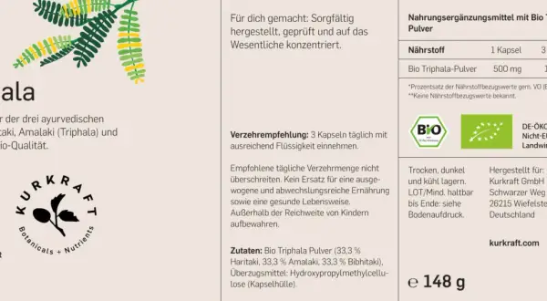 Bio Triphala Kapseln: Reines Pulver aus drei Früchten. Die Triphala Wirkung auf die Haut wird in der ayurvedischen Lehre geschätzt. 240 Kapseln, vegan.