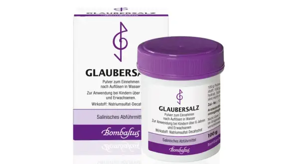 Glaubersalz Pulver von Bombastus, ideal nach dem Essen zur Linderung. Die Packung und Dose sind lila-weiß.