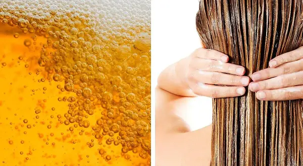 Schaumiges Bier und nasse Haare. Ein Hausmittel gegen Haarausfall: Haare mit Bier waschen.