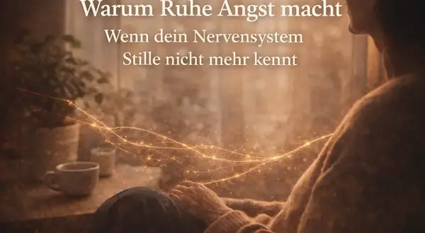 Eine Person blickt nachdenklich aus dem Fenster. Goldene Lichtfäden ziehen sich durch die Szene, die **Angst vor Stille** thematisieren, wenn das Nervensystem Ruhe nicht mehr kennt.