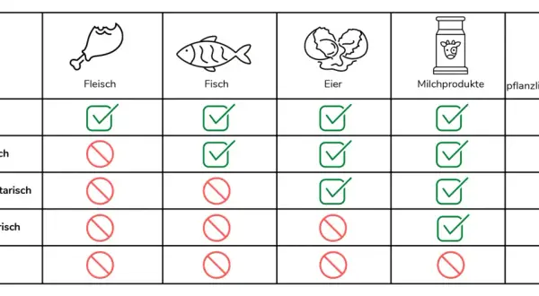 Tabelle zeigt, was eine omnivore Ernährung bedeutet: Fleisch, Fisch, Eier, Milchprodukte und pflanzliche Lebensmittel sind erlaubt.