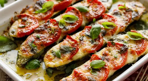 Gebackene Zucchini mit Tomaten und Käse, ein leckeres Gericht für Rezepte, um 10 kg abnehmen in Wechseljahren.