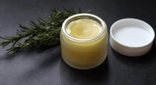 Ein Glas mit selbstgemachter Rosmarinsalbe neben einem Rosmarinzweig. Perfekt zum Rosmarin Salbe selber machen.