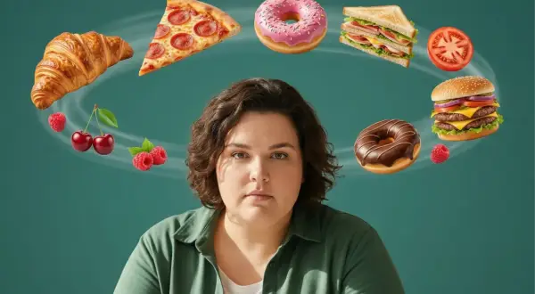 Frau mit ernstem Blick, umgeben von einem Wirbel aus verlockenden Leckereien wie Pizza, Donuts und Burgern. Der **food noise** ist laut.