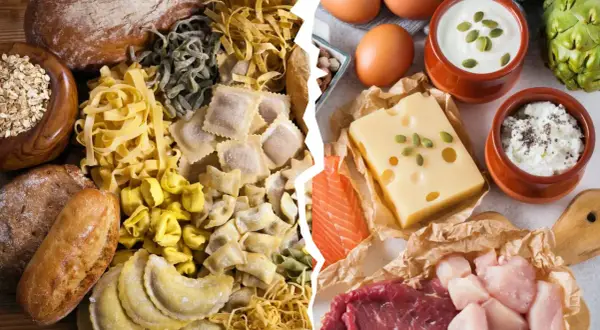 Links: Brot, Nudeln, Haferflocken. Rechts: Eier, Käse, Fisch, Fleisch, Joghurt. So funktioniert Trennkost: Kohlenhydrate und Proteine getrennt essen.