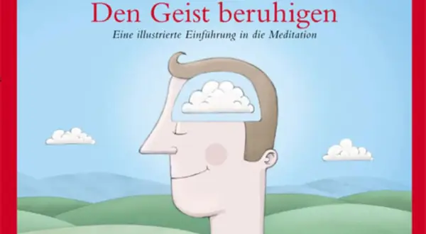 Buchcover: "Den Geist beruhigen" von Matthew Johnstone. Eine Illustration zeigt einen Kopf, in dem eine Wolke schwebt, was die positiven Meditationseffekte symbolisiert.