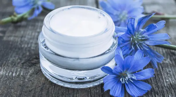 Creme für trockene Haut: Ein Glas mit weißer Creme neben blauen Wegwartenblüten auf Holz. Perfekt zum gesichtscreme selber machen trockene haut.